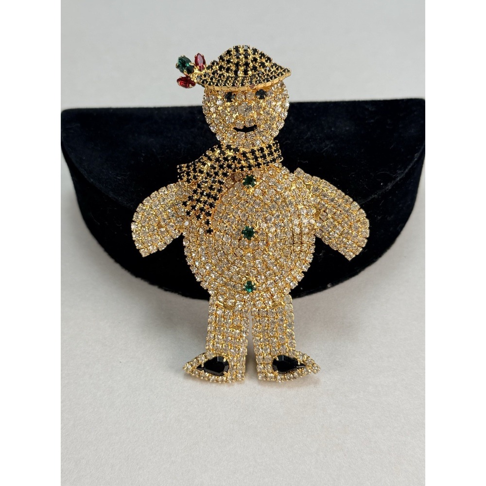 Stunning Rhinestone Snowman Christmas Brooch Gold Tone Statement Vintage